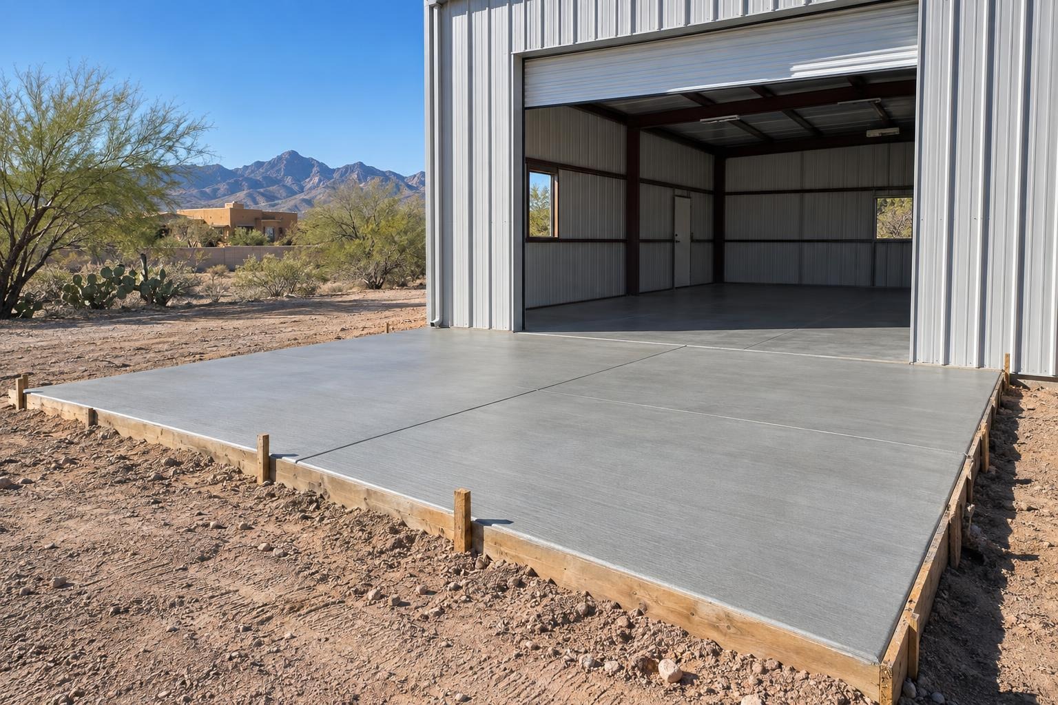 Fresh slab poured in front of a metal building with its door open