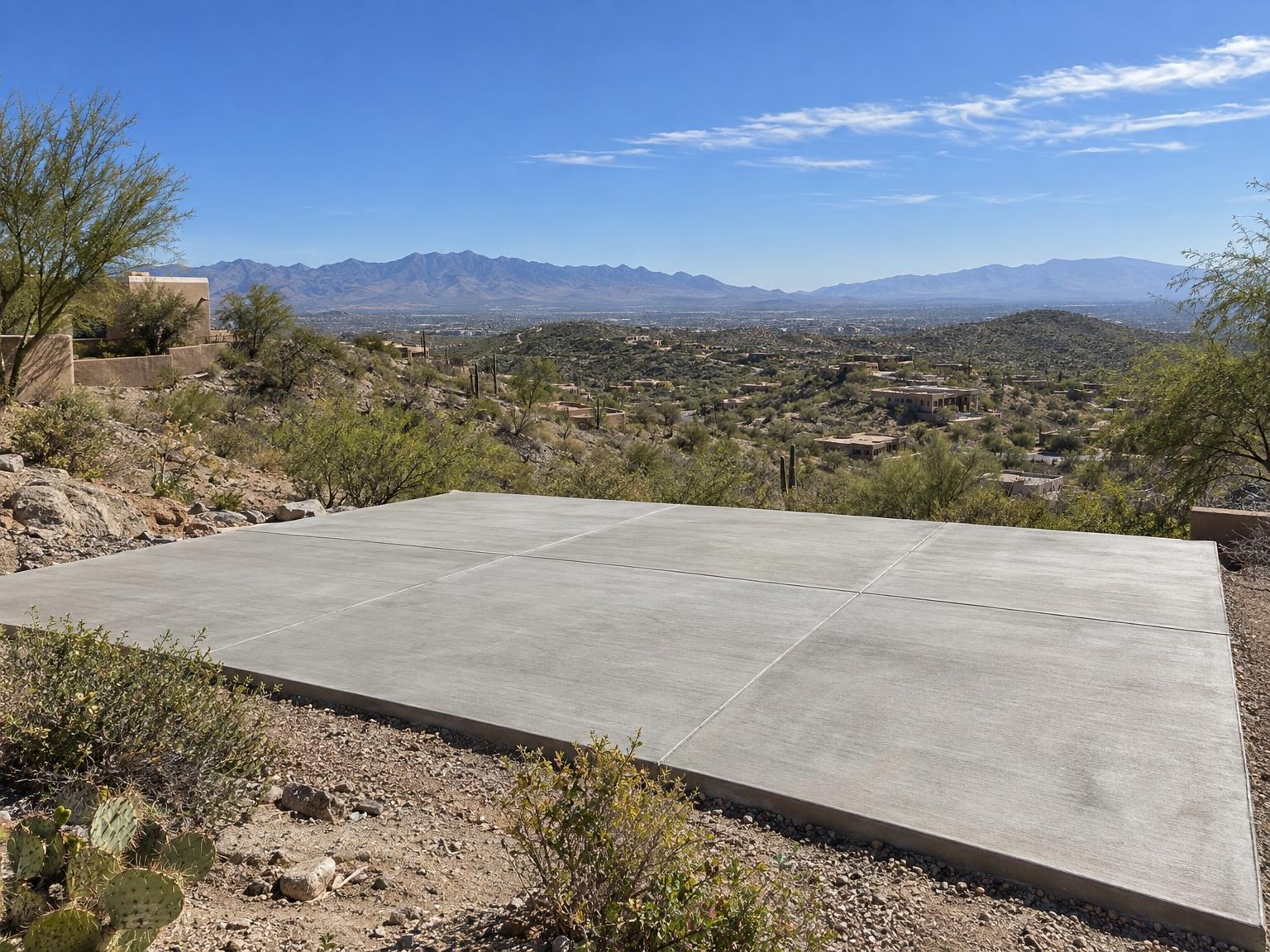 Concrete pad overlooking desert hills and mountains