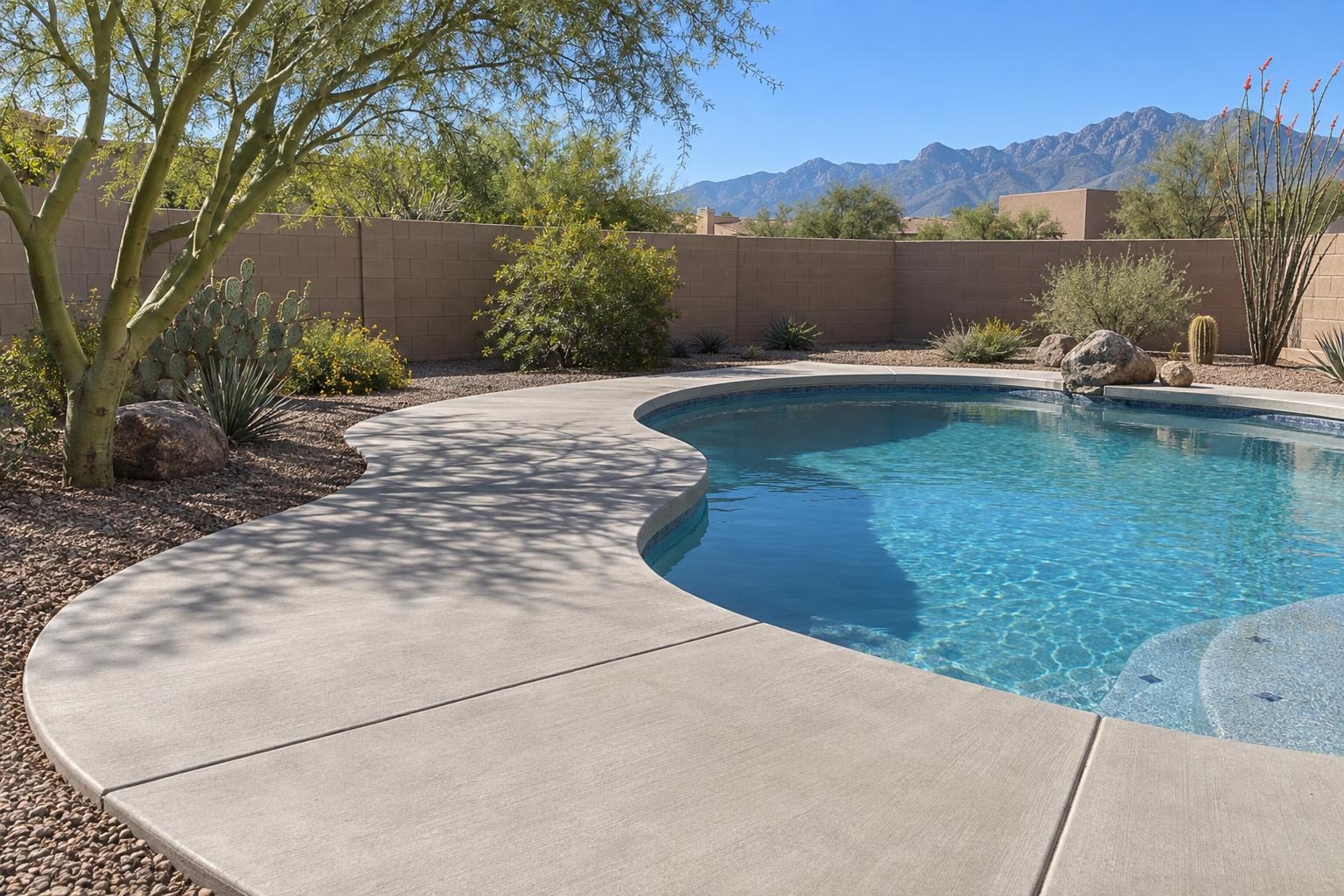 Curving concrete walkway around a backyard pool